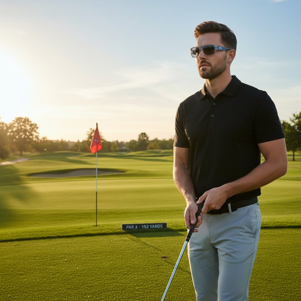 Golfer wearing smart glasses reading the green